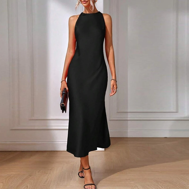 Elegant Sleeveless Satin Dress Women Fashion O Neck Side Slit Long Dresses For Women Summer Party Silk Dress