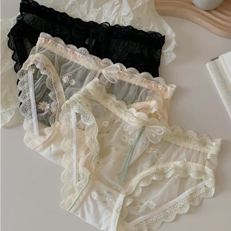 Cienka Bielizna Seksowna Miękka Damska Majtki Kokarda Półprzezroczysta Bielizna Średni Stan Wygodne Oddychające Koronkowe Figi Intymna