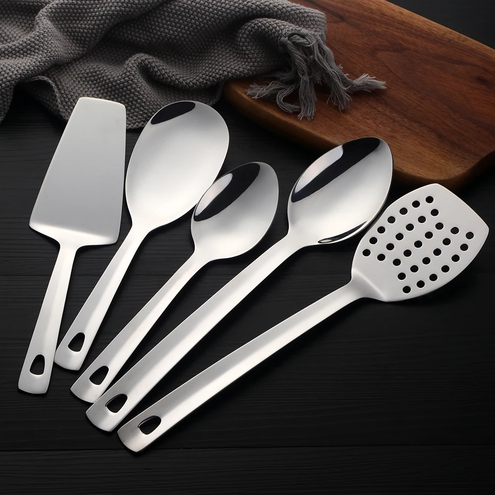 1PC Stainless Steel Silver Long Serving Soup Spoon Cooking Utensils Metal Polish Skimmer Colander Shovel Spatula Kitchenware Set