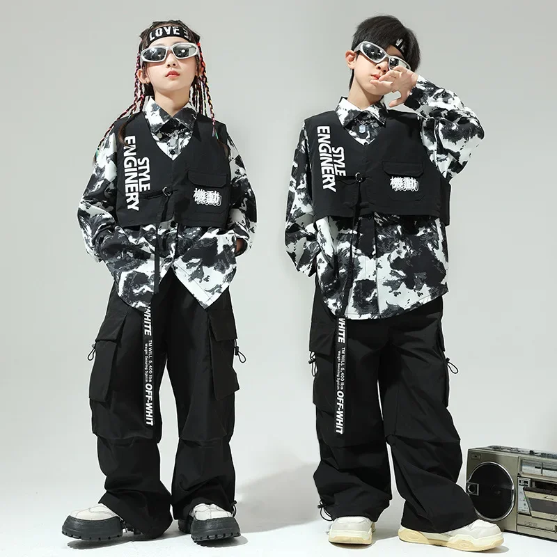 어린이 남아 여아 스트리트웨어 루즈 캐주얼 카고 재킷 바지 세트 트랙수트 무대 의상 어린이 패션 힙합 의류