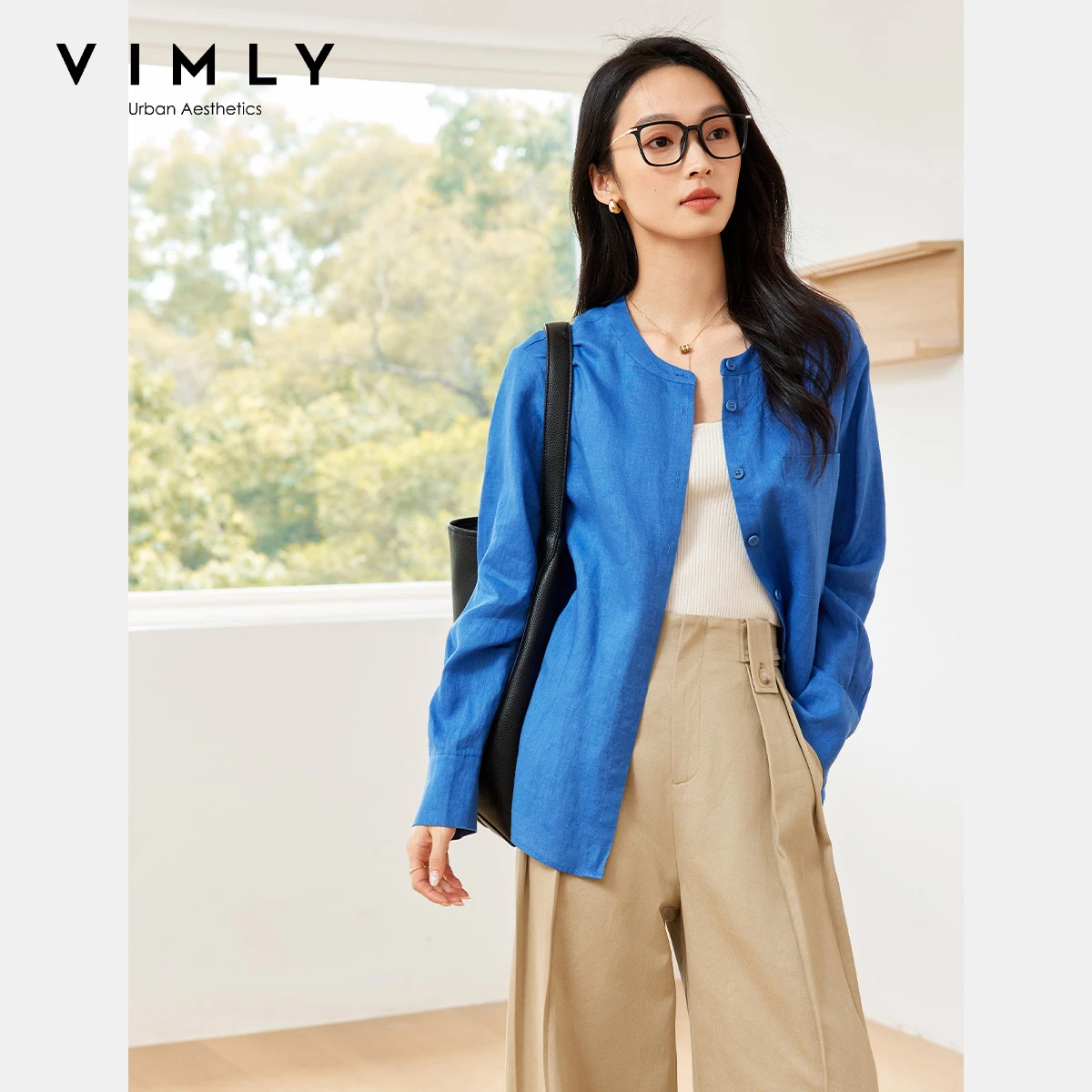 

VIMLY Blue 100% Linen Female Long Sleeve Shirts Autumn Women's 2025 Loose Stand Collar Office Ladies Button Woman Tops M8538