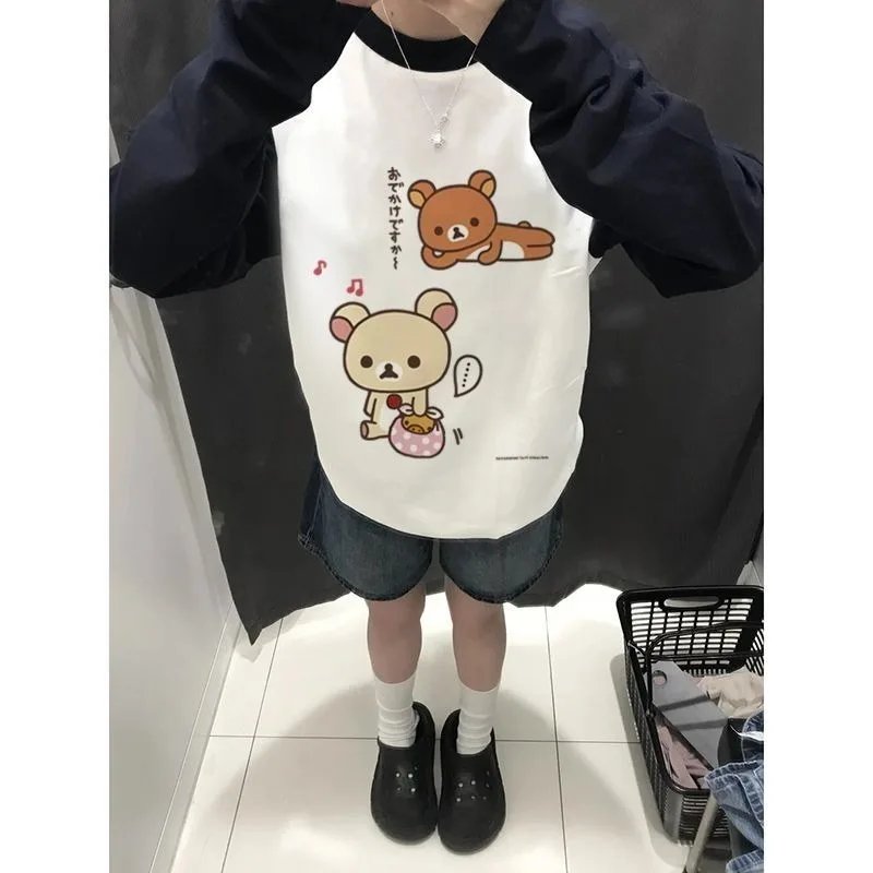 Japanese Subculture Cute Cartoon Printed T-shirt Autumn New Stitching Long Sleeve T Shirt Women's Loose Casual Kawaii Clothing