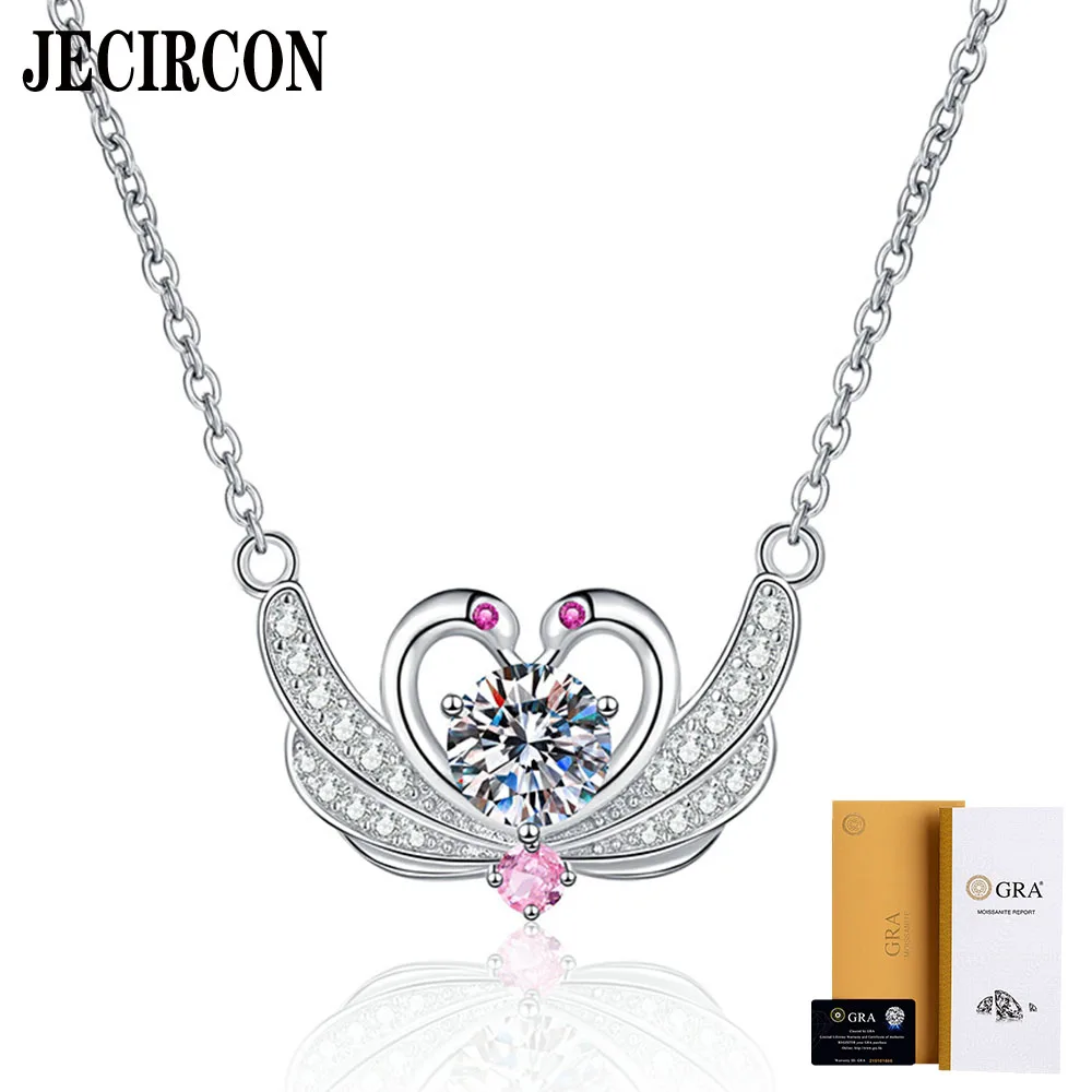 

JECIRCON S925 Sterling Silver Necklace for Women 1 Carat Moissanite Heart-Beating Swan Pendant Elegant Versatile Clavicle Chain