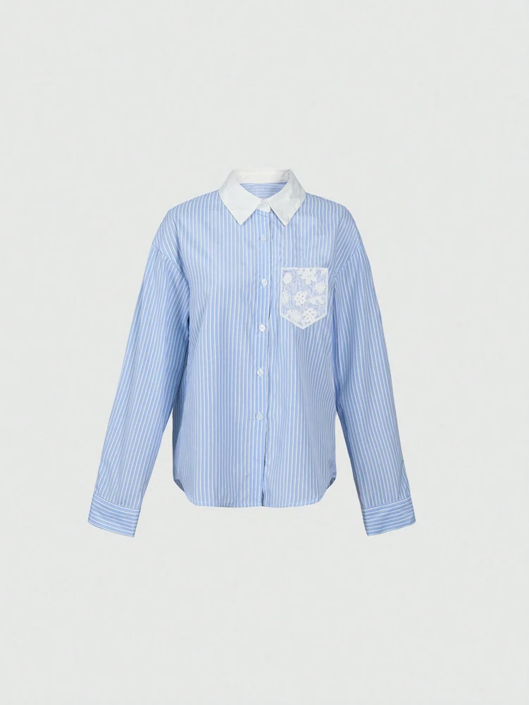 Women's Striped Clash Collar Lace Pocket Shirt, Daily Casual Shirt, Regular Fashion, Back to School Season image 3