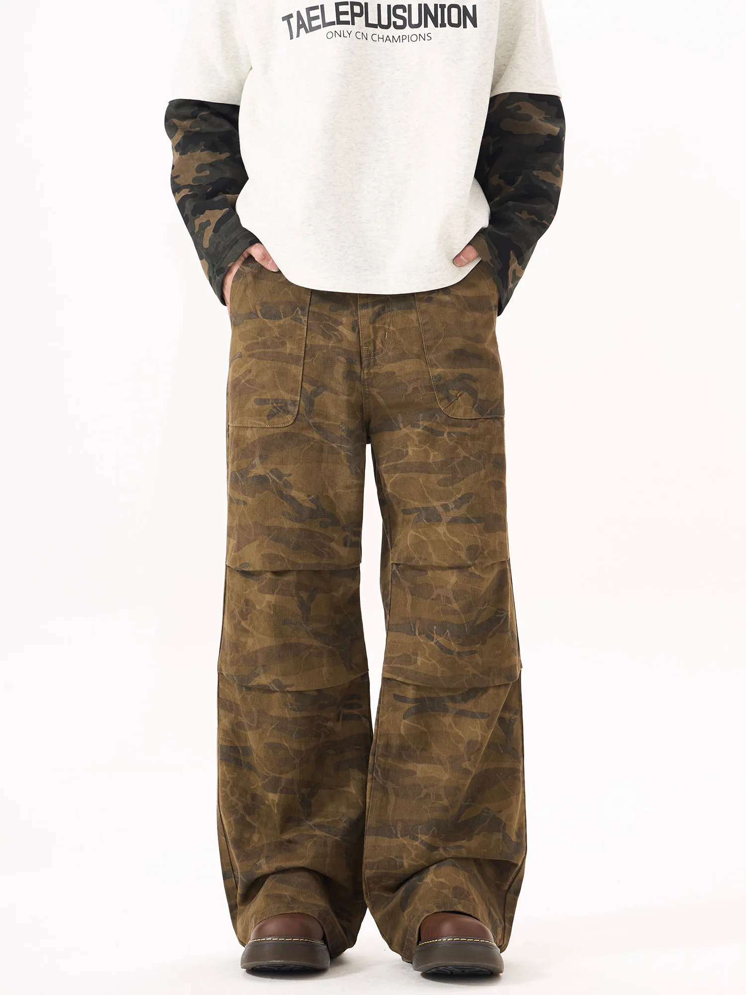 

Американские ретро камуфляжные плиссированные рабочие брюки Wasteland Sle для мужчин и женщин, прямые тонкие широкие повседневные брюки, модные