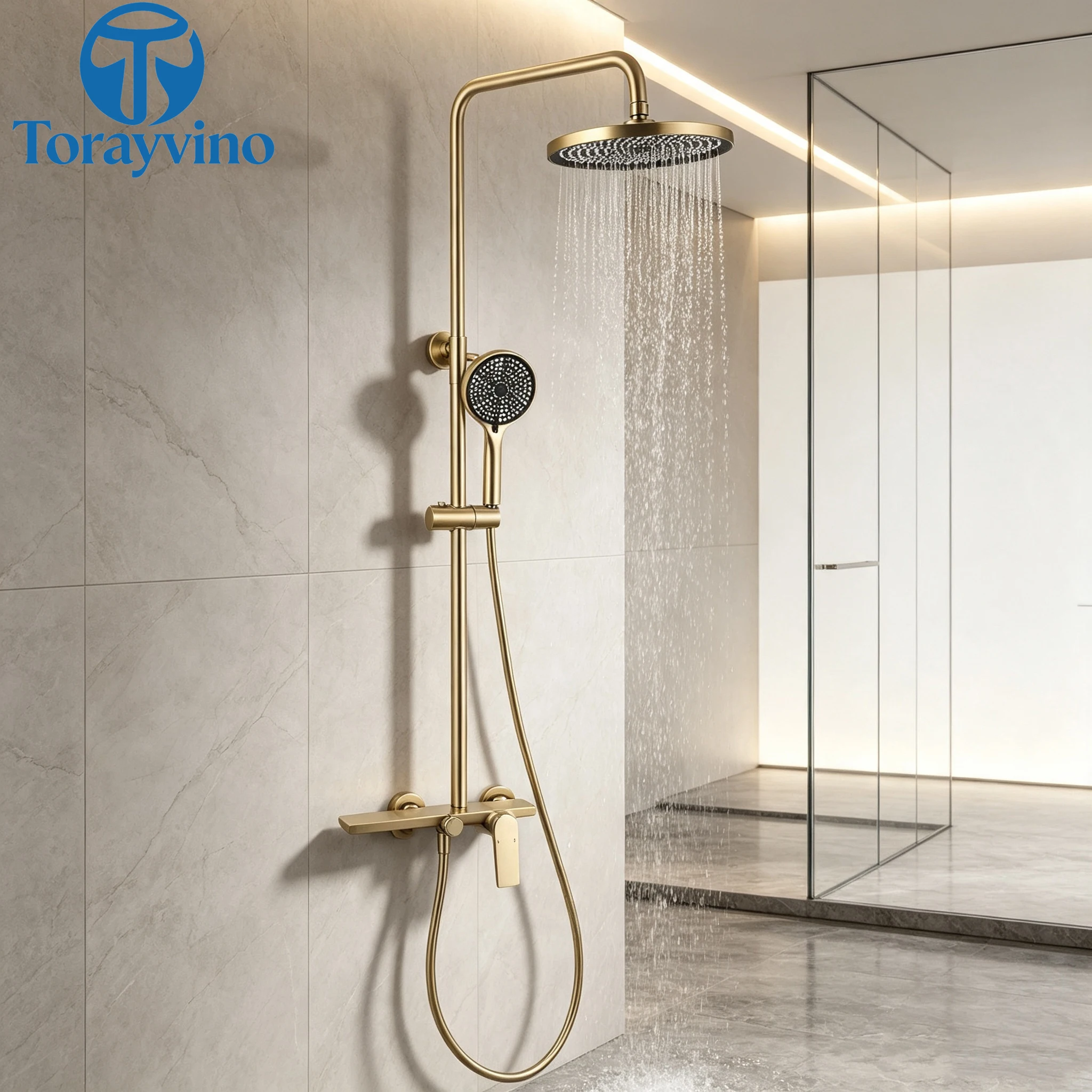 Torayvino Gold luxury Bathroom Shower System Set 3-way Rainfall Shower Head high quality outdoor faucet shower column Mixer tap
