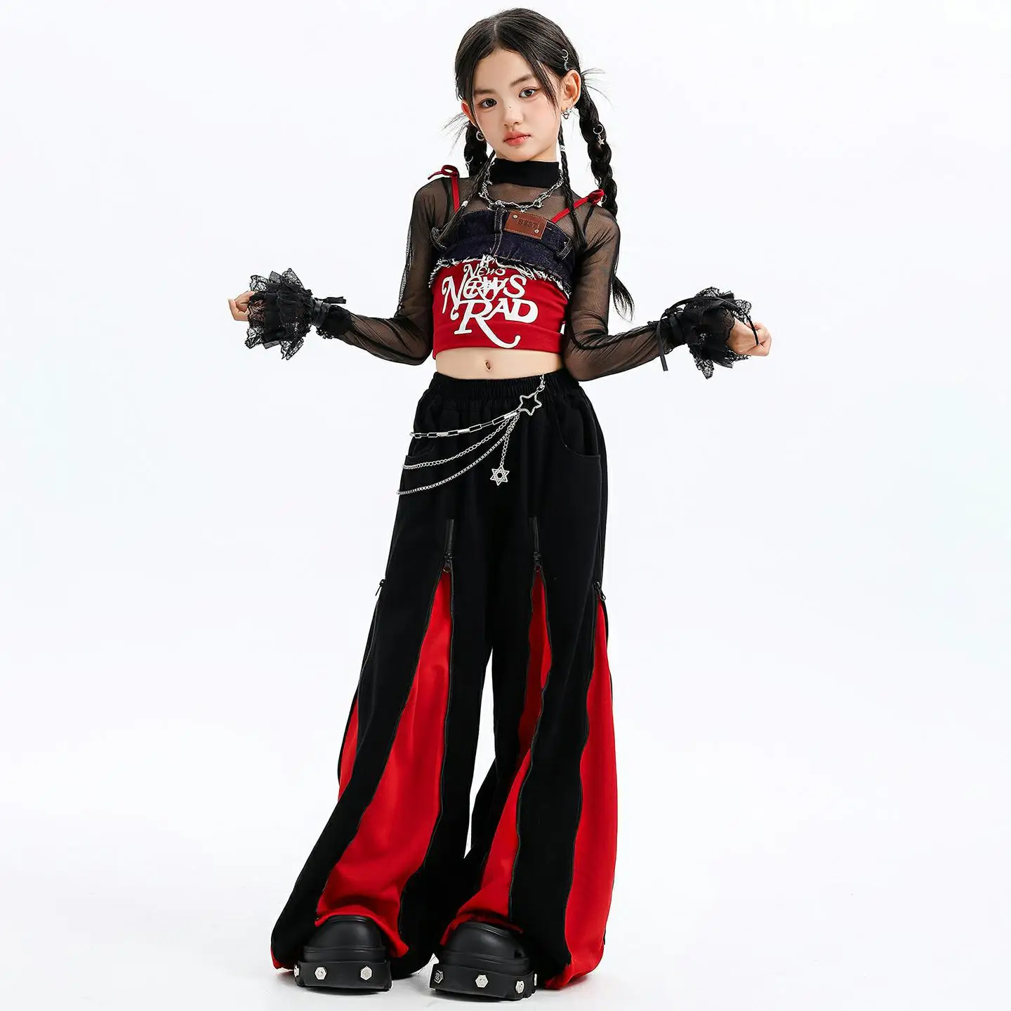 

Kid Kpop Hip Hop Clothing Denim Red Crop Tank Top Mesh T Shirt Black Street Zipper Wide Leg Pants for Girl Dance Costume Clothes