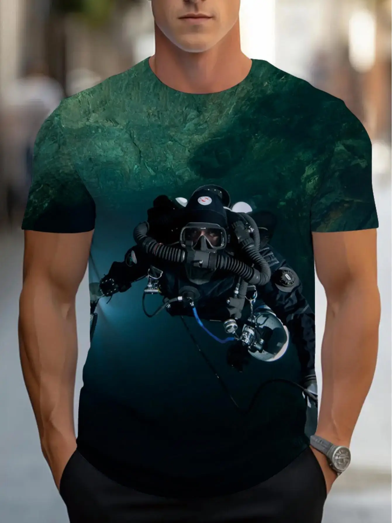 Men's Underwater Diver Ocean Print T-Shirt O-Neck Short Sleeve Casual Tops