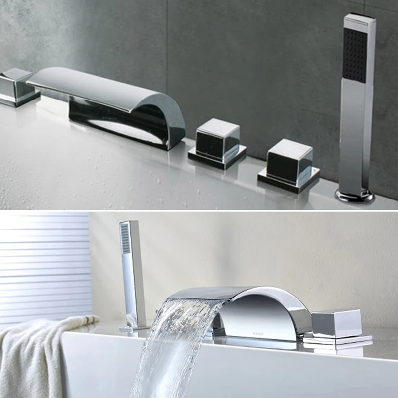 5 Hole Waterfall Bath Tap, Hand Shower Set, Bath Edge Fitting, Chrome