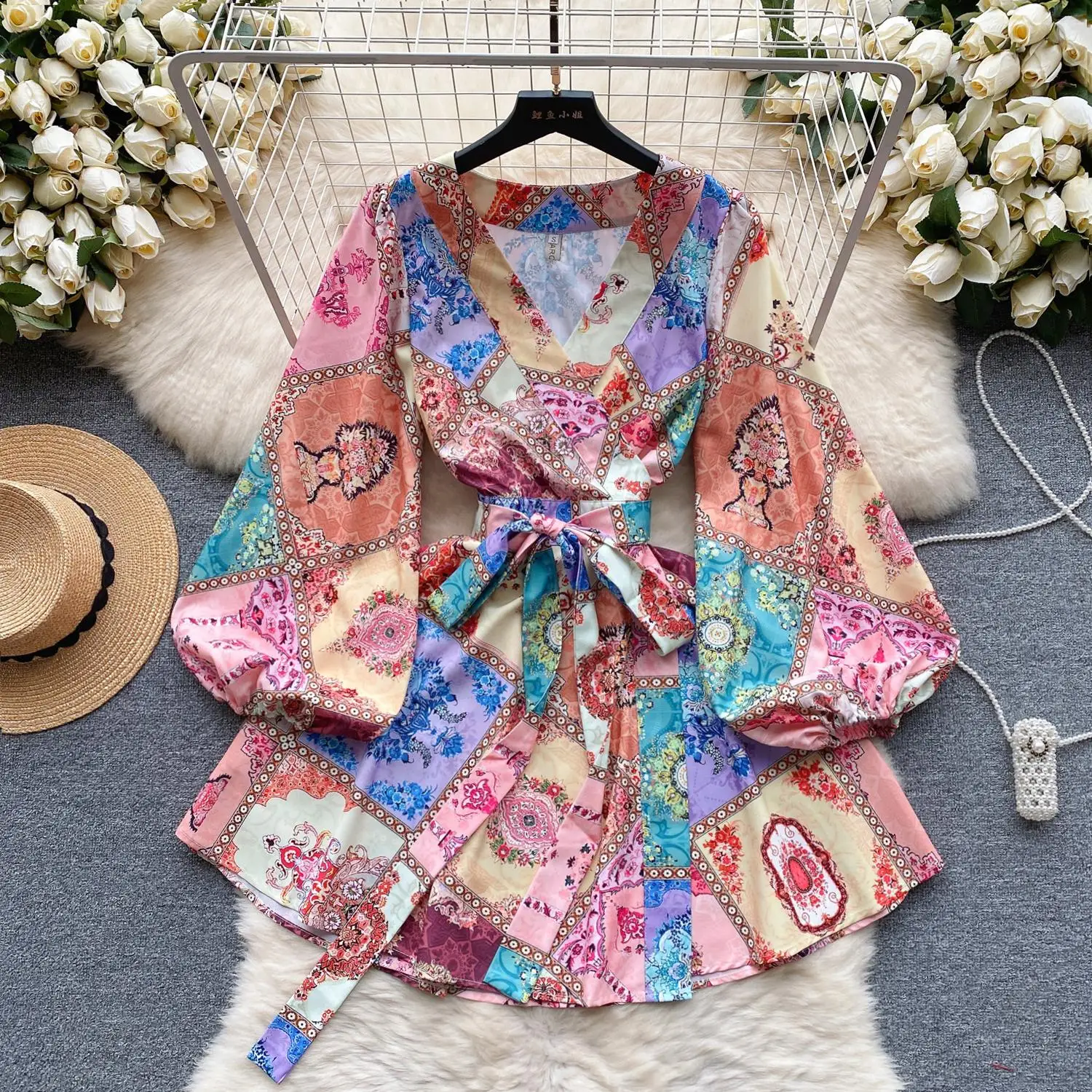 

Women Colorblock Wrap Mini Dress Floral Print V-Neck Lantern Sleeve Casual Beach Belt Lace Up Short Vestidos Lady Outfits 6343