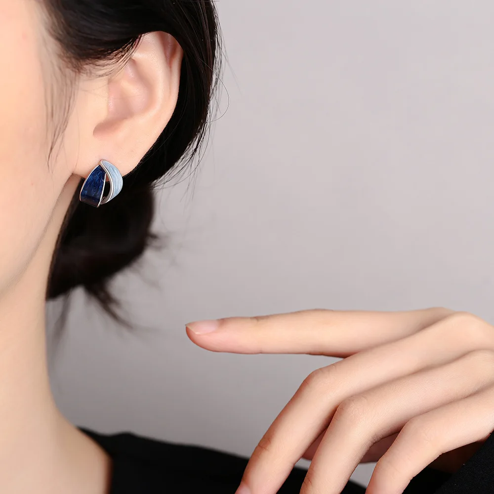 925 Silver Needle Simple Cute Small Enamel Geometric Stud Earrings Women Jewelry Dark Blue Drip Oil Earings Female Accessories