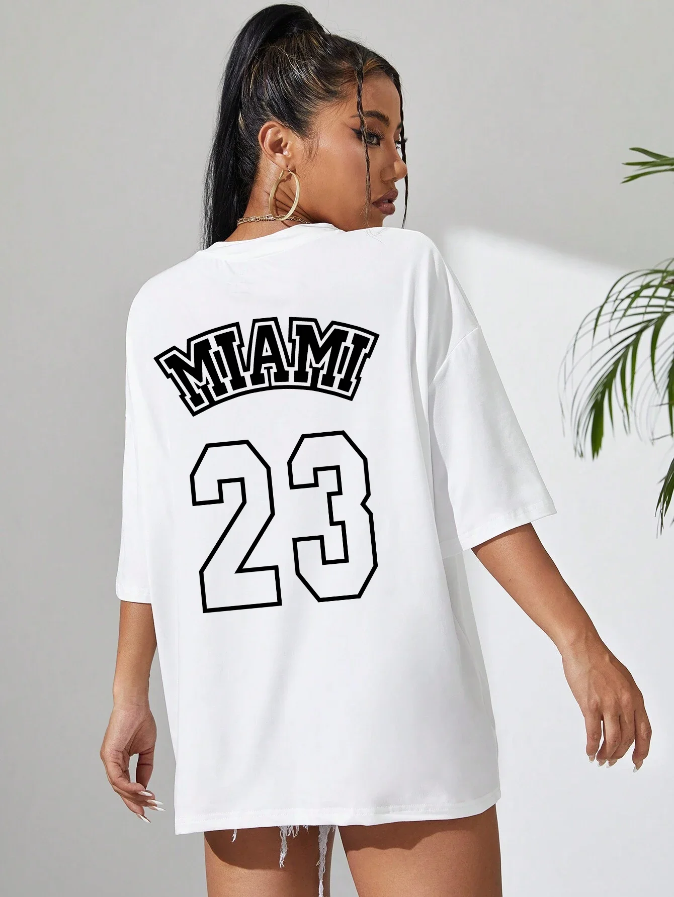 Miami 23 Black Letter Hollow Out Design Prints Women's T-Shirts Cotton Crewneck Tshirt Fashion Loose Tops New Oversized T Shirts