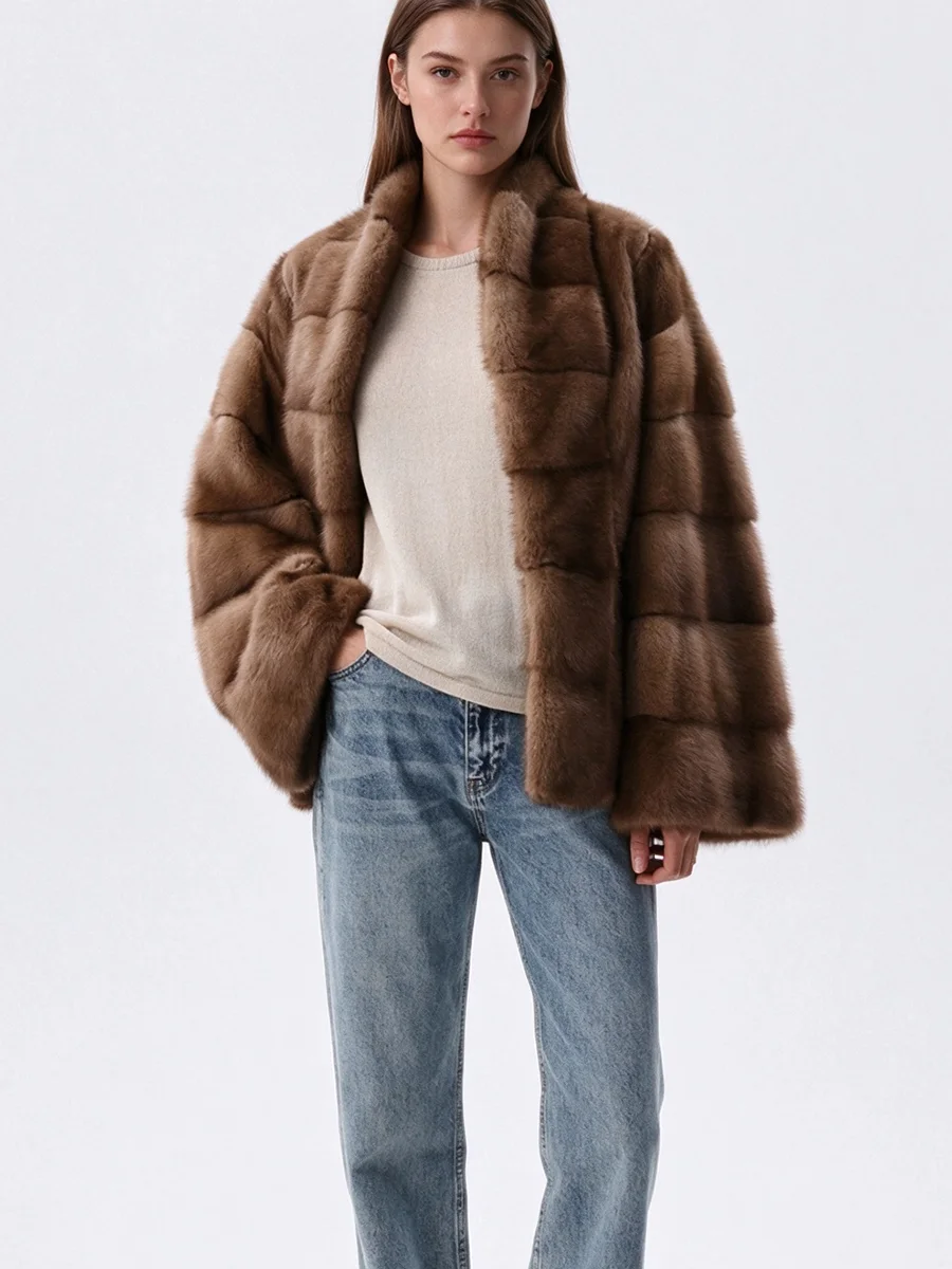 LIMO Women Lapel Collar Paneled Faux Mink Fur Coat Belted Tie Waist Flared Sleeve Luxury Warm Winter Short Fur Jacket Outerwear