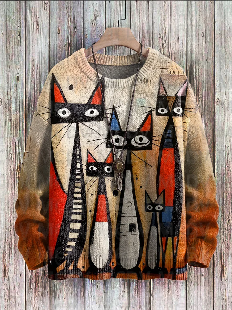 Frida Cat Art Pattern Print Casual Knit Pullover Sweatshirt Men's For Women's Pullover