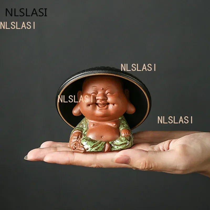 Creativity Purple Clay Tea Pet with Tea Strainer Monk Buddha Figurine Ornaments Handmade Crafts Tea Set Decoration Accessories