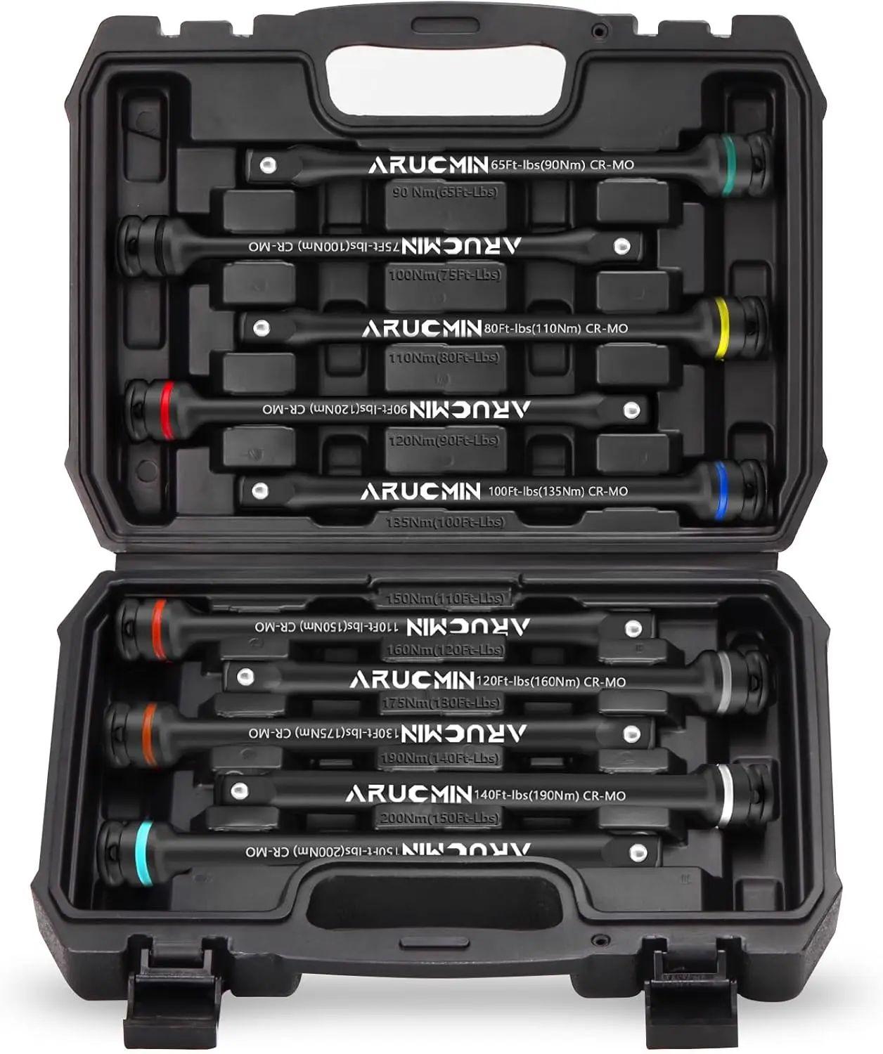 

10-Piece Torque Limiting Extension Bar Set, 1/2" Drive with 65-150 Ft-Lbs Sticks for Secure Lug Nut Tightening
