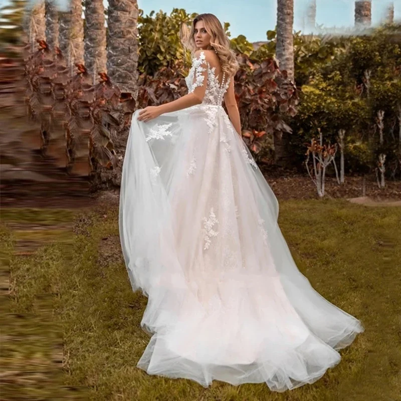 Dubai Elegant Wedding Dresses A-Line O-Neck Half Sleeves Appliques Flowers Bridal Dress Boho Elegant Customize To Measures 2024