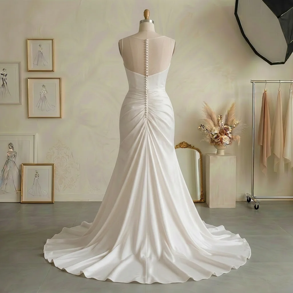 Sleeveless Illusion Neck Satin Mermaid Wedding Dress with Ruched Waist & Sheer Button Back Bridal Gown