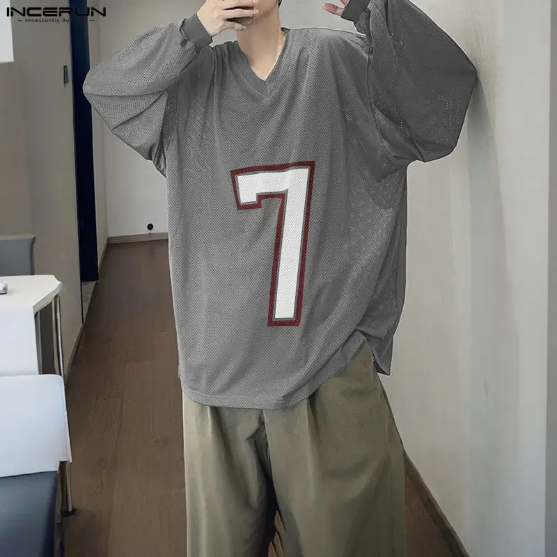 INCERUN الرجال تي شيرت الطباعة شبكة الجوف خارج الخامس الرقبة طويلة الأكمام الذكور المحملة القمم كبيرة الحجم الشارع الشهير تجريب ملابس الرجال غير رسمية