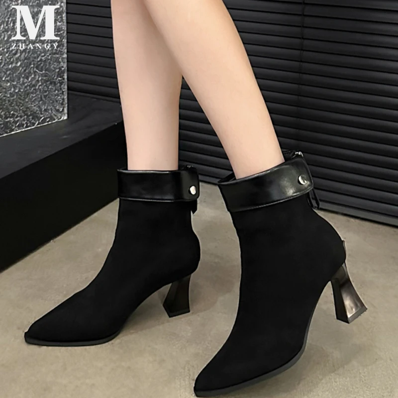 Botas De punta estrecha para Mujer, tacones altos gruesos hasta el tobillo, zapatos De cuero De talla grande para Mujer, nuevas Botas sexis De diseñador De tendencia De invierno 2025