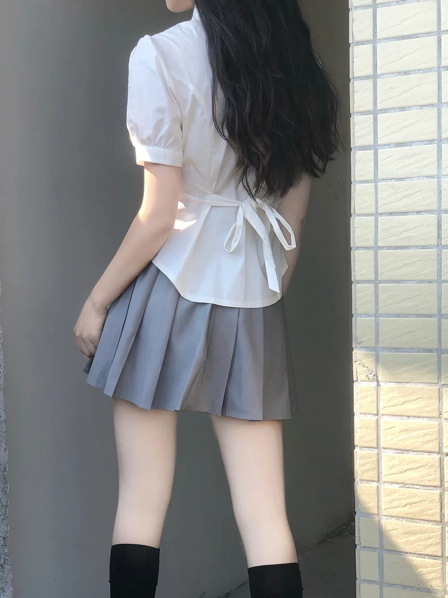 Frauen Japanischen Schule Kleid JK Uniform Sammeln Taille Kurzen Ärmeln Shirt Hubble-blase Ärmel Weißes Hemd Mit Krawatte Für mädchen