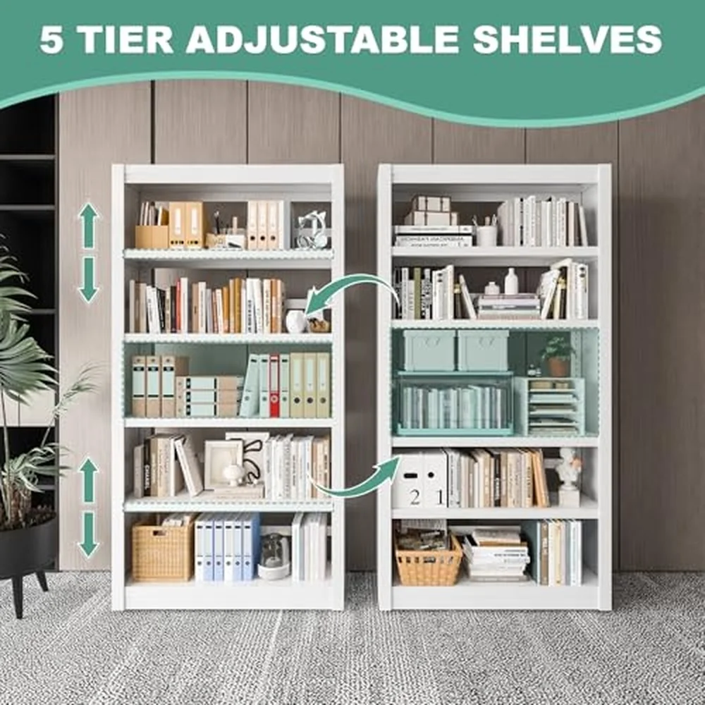 5 Tier Metal Book Shelf 61” Tall Bookshelf with Adjustable Storsge Shelves Library Bookcase with Book Stopper Modern