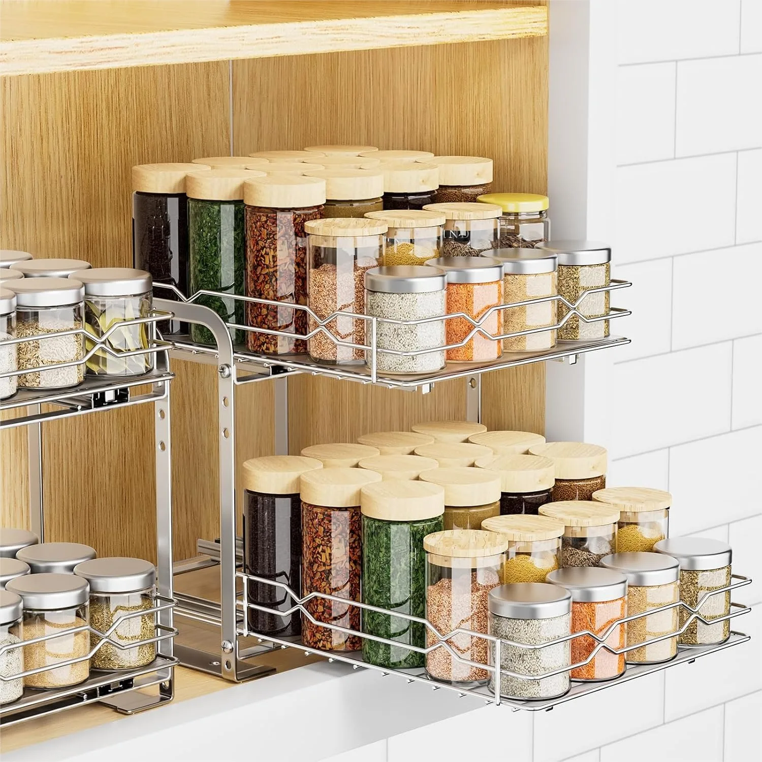 

Pull Out Spice Rack Organizer for Cabinet, 2 Tier Adjustable Height 6 Levels, Space Saving Seasoning Organizer 9.2"W x 10.4"D x