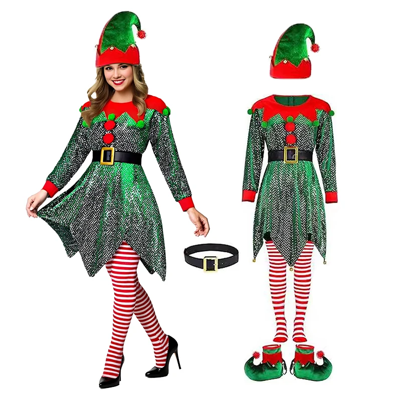 Conjunto de 5 piezas de disfraces navideños para mujer, ropa de cosplay de elfo, conjunto de terciopelo con lentejuelas, medias, zapatos, sombrero de elfo, cinturón, traje festivo para fiesta.