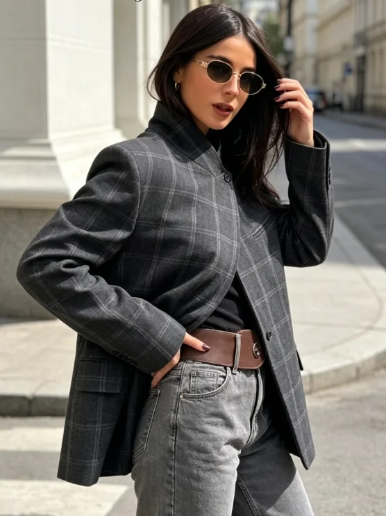 Dark Grey Plaid Oversized Blazer Women Stand Collar Asymmetric Wrap Jacket 2026
