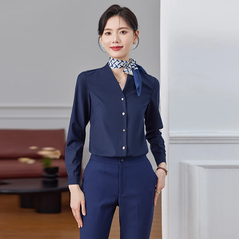 NAVIU 2025 nueva camisa de gasa Lisa Simple para mujer azul marino blanco blusas y Tops de manga larga para mujer blusas de oficina