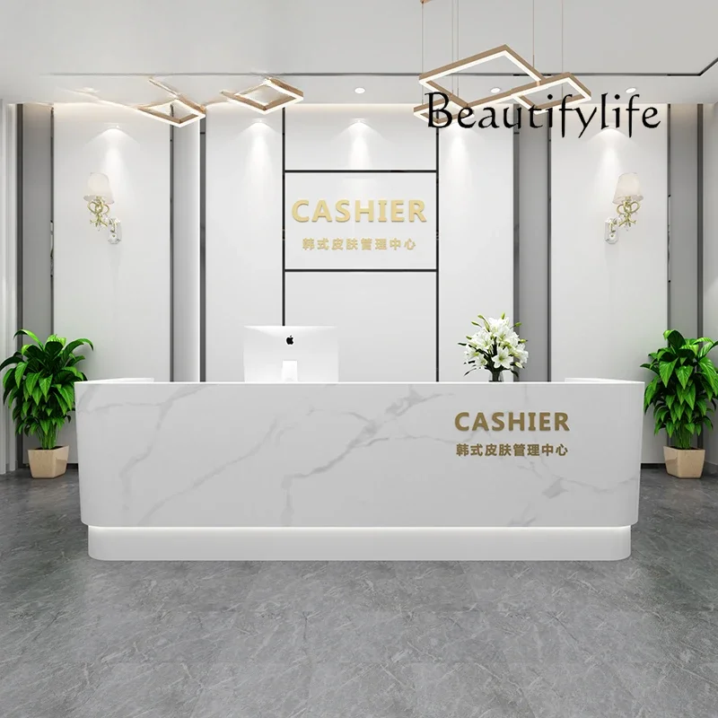 X Simple And Modern Front Desk Reception Table Clothing Store Company Solid Wood Cream Wind Cashier Bar Customization