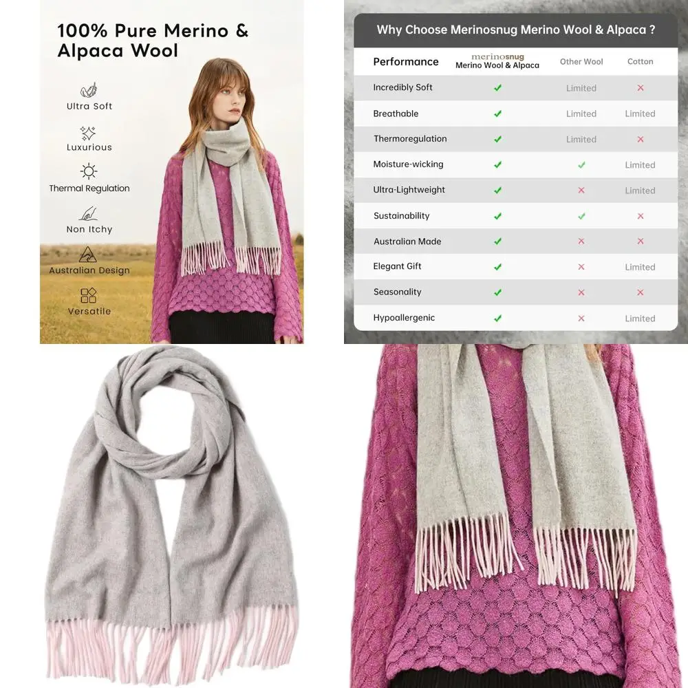 

Luxurious Women's Merino Wool & Alpaca Blend Scarf, Australian Pashmina-Style Shawl, Soft Cashmere-Like Wrap, Perfect Holiday Gi