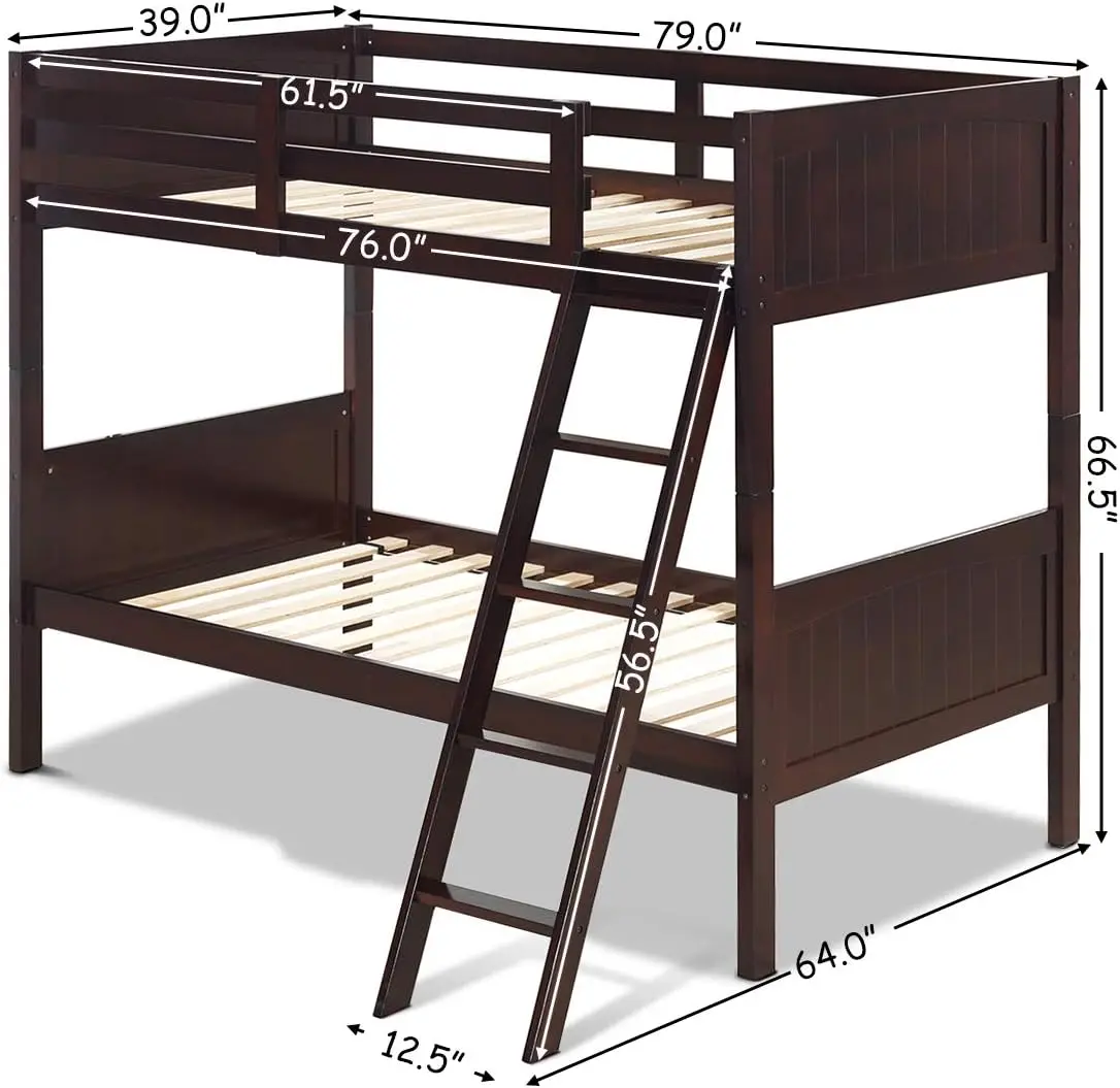 Wood Twin Over Twin Bunk Beds Convertible 2 Individual Twin Beds for Kids Children, Solid Rubberwood Bunk Bed with Ladder and Sa