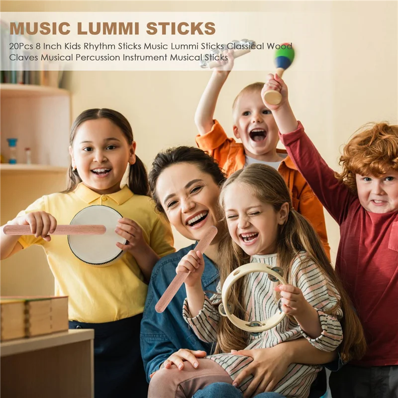 20Pieces 8 Inch Kids Rhythm Sticks Music Lummi Sticks Classical Wood Claves Musical Percussion Instrument Musical Sticks