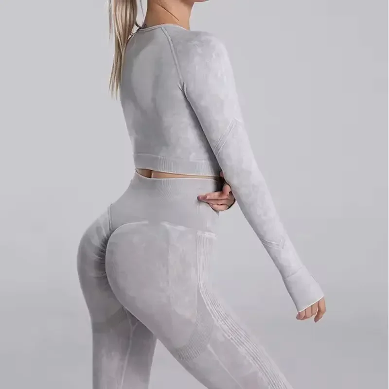 女性用ヨガセット サンドウォッシュ シームレス セクシー ヒップリフティング フィットネス服 エクササイズ ランニング ウォッシュド 速乾 ヨガ服