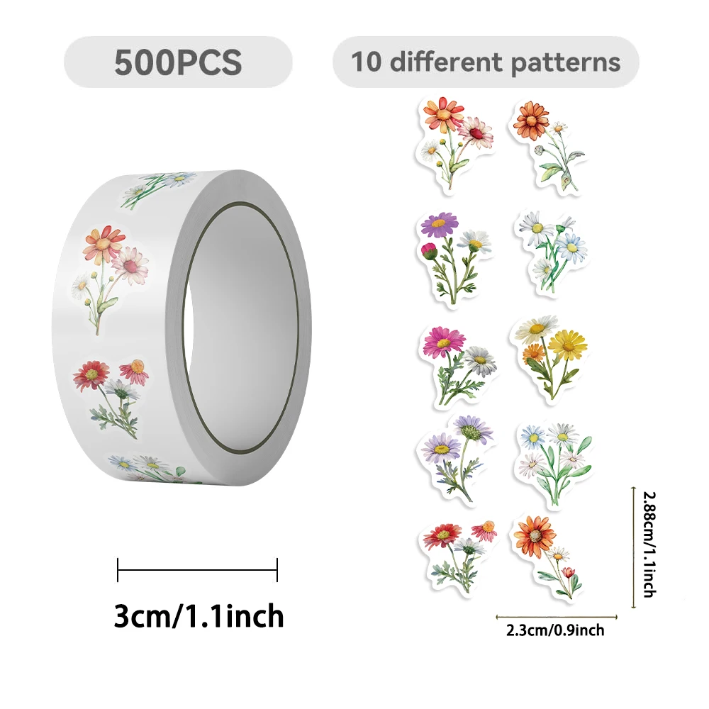 500PCS Daisy Wildflower Roll Stickers Colorful Painted Flowers Mobile Phone Notebook Decoration Envelope Sealing Stickers