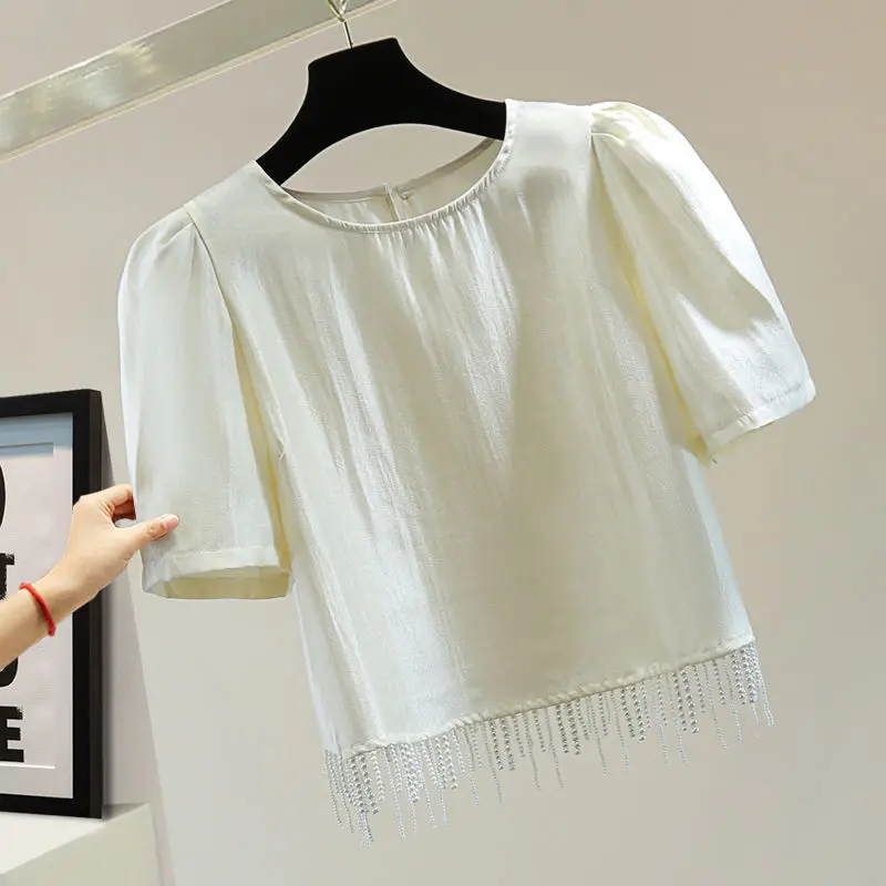 Nail bead fringe bubble sleeve summer Korean slimming high waist short cut solid color bright face short sleeved T-shirt