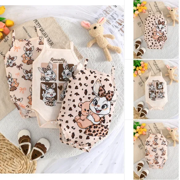 3pcs Newborn Baby Sling Romper Leopard Bunny Print Bodysuit Infant Girl Summer Sleeveless Casual Outfit Beach Holiday Wear ZYD47