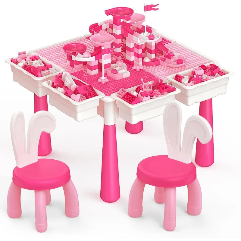 

7 in 1 Kids Activity Table and Chairs Set with 152Pcs Large Marble Run Building Blocks, Sand/Water Table,Pink