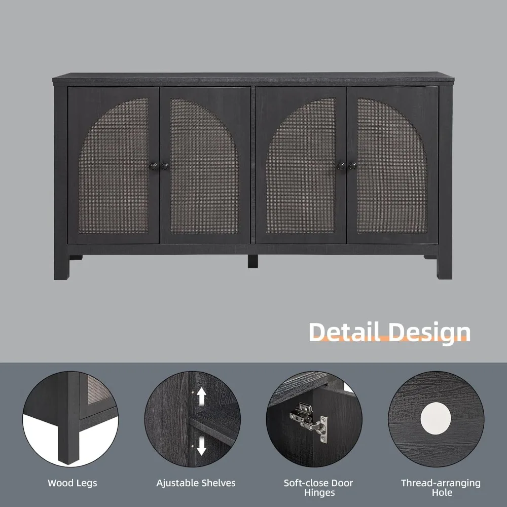 Sideboard Buffet Cabinet with Storage, 60inch Kitchen Buffet Table with Soft Closing Door Hinges, Rattan Coffee Bar Cabinet