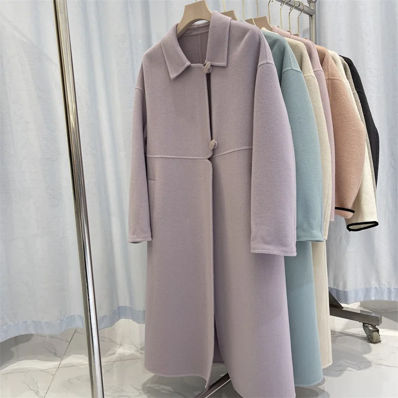 

RosEvans Purple Double-sided Cashmere Coat Women New Korean Loose Horn Button Lapel Wool Coat Winter Long Casual Wool Coat Women