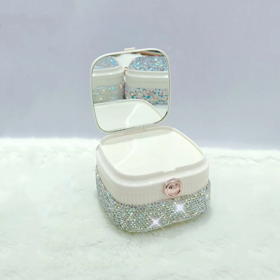 Portable Mini Makeup Storage Box Layered Diamond Studs Earrings Necklaces Rings Jewelry with Mirror Rhinestones Exquisite Travel