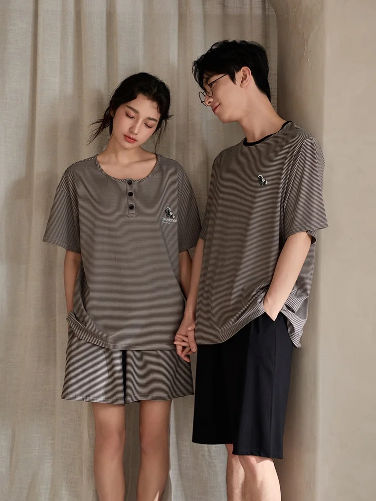 couple's-summer-sleepwear-men's-short-sleeve-modal-cotton-ice-silk-striped-home-clothes-outdoor-wearable-casual-style-shorts