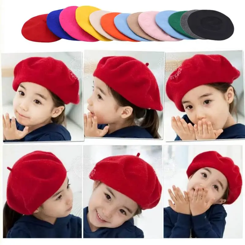 Fashion Baby Beret Hat for Girls Wool Vintage Children Beanies Cap Kids Painter Hats Toddler Candy Color Hair Accessories