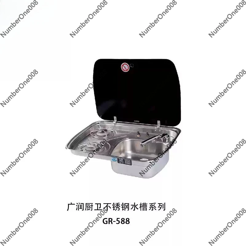 RV Gas Stove Sink Combo Stainless Steel, 1 2 Burner LPG Cooktop with Tempered Glass Lid for Camper Caravan Boat
