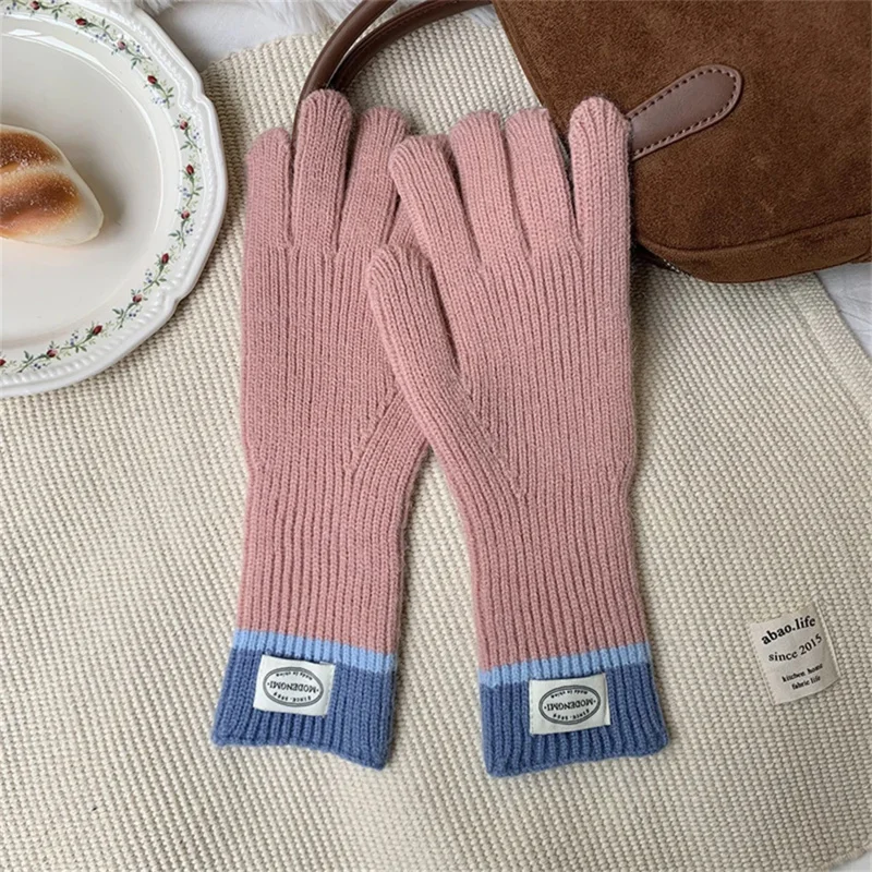Winter Warm Thickened Knitted Gloves Touchscreen Stretch Leaky Fingers Mittens Women's Riding Outdoor Color Clash Labelled Glove
