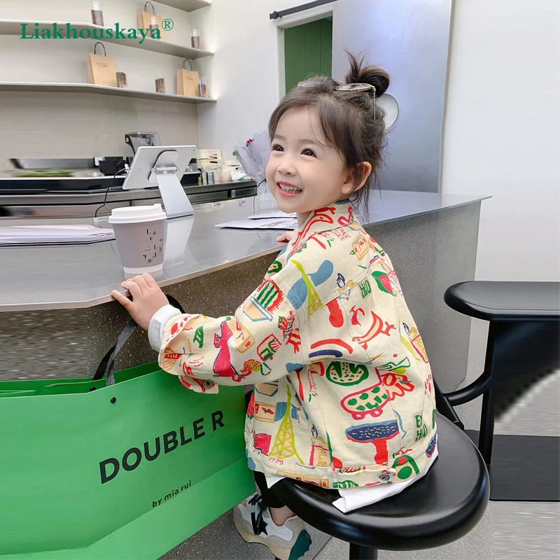 

Spring Jacket For Kids Girls 2022 Fashion Jackets Cartoon Doodle Print Design Graffiti Long Sleeve Coat Outerwear Costume