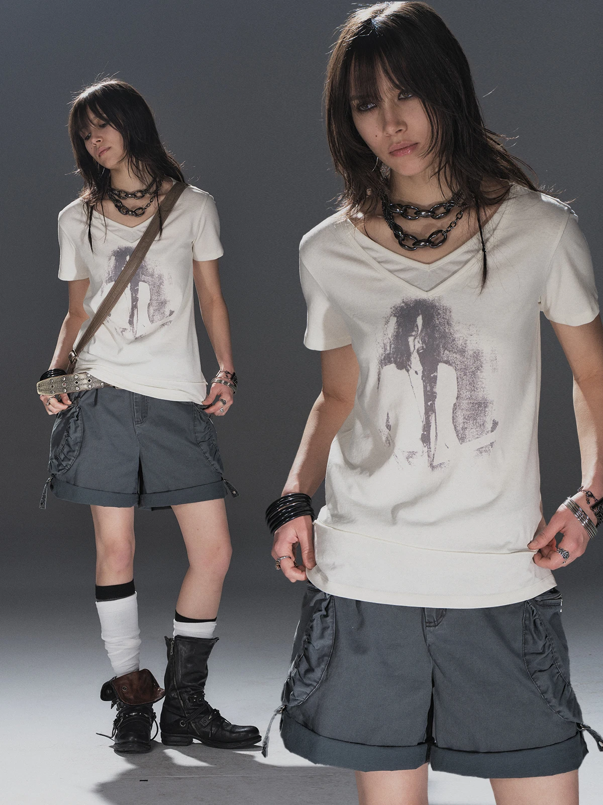 

Punk Style Short Sleeve T-Shirt Women's Digital Print V-Neck Double Layer Cotton Linen Blend Draping Loose Fit Portrait Print