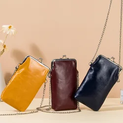 Genuine Leather Long Clip Phone Bag Wallet Ladies One Shoulder Chain Crossbody Bag Cowhide Lipstick Card Holder Purse For Women