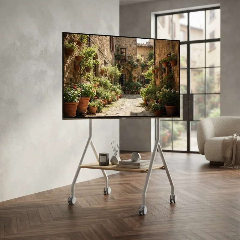 & Creative Floor Standing TV Cart with Wheels Mobile TV Stand with Storage Shelf for Living Room Home Theater Multifunctional
